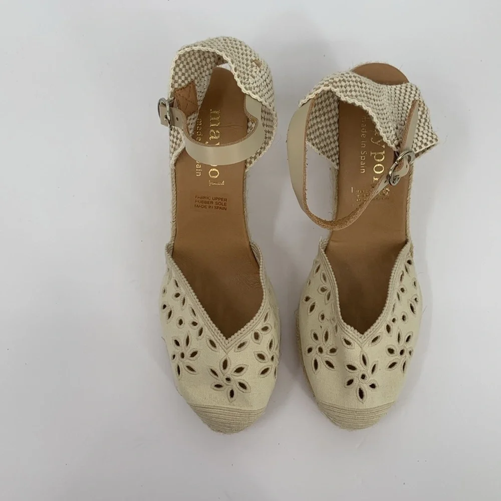 Maypol Espadrille shoe wedge platform eyelet floral tan brown Jute cut-out 41 10